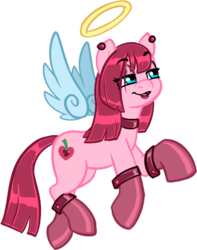 Size: 446x566 | Tagged: safe, alternate version, artist:soulcentinel, pinkie pie, angel, earth pony, pony, fanfic:twin fates, g4, boots, choker, cutie mark, ear piercing, eye clipping through hair, female, floating wings, lipstick, mare, piercing, shoes, simple background, smiling, solo, straight hair, transparent background, wings