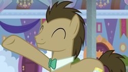 Size: 1920x1080 | Tagged: safe, screencap, doctor whooves, time turner, earth pony, pony, a horse shoe-in, g4, my little pony: friendship is magic, eyes closed, male, solo, stallion