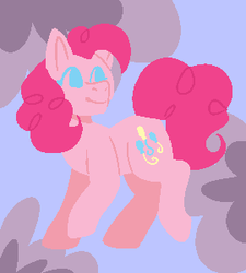 Size: 270x300 | Tagged: safe, artist:flowercatbutters, pinkie pie, earth pony, pony, g4, abstract background, cutie mark, female, mare, pixel art, smiling, solo