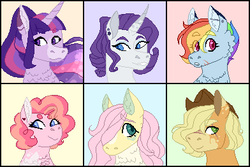 Size: 392x262 | Tagged: safe, artist:flowercatbutters, applejack, fluttershy, pinkie pie, rainbow dash, rarity, twilight sparkle, alicorn, pony, g4, alternate hairstyle, bust, chest fluff, coat markings, curved horn, ear piercing, earring, eye clipping through hair, eye scar, female, hair over one eye, horn, jewelry, looking at you, mane six, mare, piercing, pixel art, redesign, scar, smiling, twilight sparkle (alicorn)