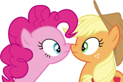 Size: 8987x6014 | Tagged: safe, artist:schmuzart, applejack, pinkie pie, earth pony, pony, g4, pinkie apple pie, .svg available, boop, duo, duo female, eye contact, female, looking at each other, mare, nose wrinkle, noseboop, simple background, transparent background, vector