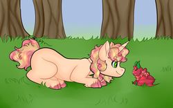 Size: 1024x640 | Tagged: safe, artist:flowercatbutters, oc, oc only, oc:peony pear, fruit bat, pony, unicorn, art trade, blank flank, cloven hooves, eye clipping through hair, looking at each other, playing, prone, smiling, unshorn fetlocks