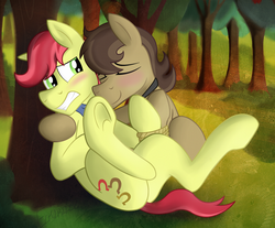 Size: 2500x2072 | Tagged: safe, artist:dripponi, earth pony, pony, apple family reunion, g4, blushing, bound, cuddling, cute, gay, high res, hooves, male, non-consensual cuddling, rope, snuggling, stallion, tied up, underhoof