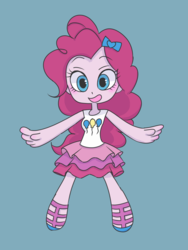 Size: 2448x3264 | Tagged: safe, artist:haibaratomoe, pinkie pie, equestria girls, equestria girls series, g4, blue background, chibi, clothes, cute, diapinkes, female, high res, looking at you, miniskirt, moe, sandals, simple background, skirt, solo