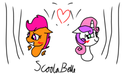 Size: 2655x1573 | Tagged: artist needed, safe, scootaloo, sweetie belle, pegasus, pony, unicorn, g4, blushing, female, lesbian, ship:scootabelle, shipping