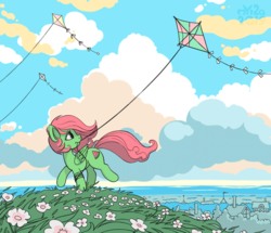 Size: 2500x2154 | Tagged: safe, artist:myr2a, oc, oc only, oc:watermelon frenzy, pegasus, pony, cloud, cutie mark, flower, grass, green coat, high res, hill, kite, kite flying, mouth hold, offscreen character, pastel, red mane, scenery, sky, solo, town, wings