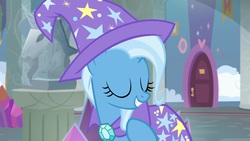 Size: 1920x1080 | Tagged: safe, screencap, trixie, pony, unicorn, a horse shoe-in, g4, cape, clothes, female, hat, mare, solo, statue, trixie's cape, trixie's hat