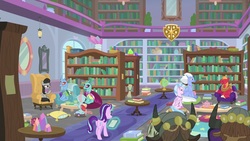 Size: 1920x1080 | Tagged: safe, screencap, big macintosh, carapace (character), ocellus, octavia melody, silverstream, sky beak, spiracle, starlight glimmer, changedling, changeling, classical hippogriff, hippogriff, pony, yak, a horse shoe-in, book, bookshelf, library, magic, pillow