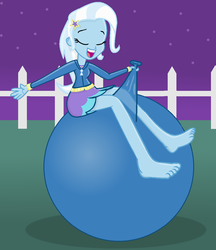 Size: 988x1142 | Tagged: safe, artist:grapefruitface1, artist:moonlight-the-pony, trixie, equestria girls, g4, balloon, balloon riding, barefoot, base used, clothes, feet, female, fence, grass, happy, hoodie, legs, miniskirt, outdoors, show accurate, sitting, skirt, solo, that pony sure does love balloons