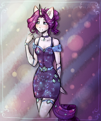 Size: 2000x2400 | Tagged: safe, artist:zefirka, rarity, unicorn, anthro, g4, abstract background, clothes, dress, female, high res, jewelry, necklace, socks, solo, stockings, thigh highs, traditional art