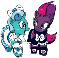 Size: 950x922 | Tagged: safe, artist:徐詩珮, edit, edited screencap, idw, screencap, fizzlepop berrytwist, glitter drops, tempest shadow, pony, unicorn, g4, background removed, broken horn, clothes, dress, female, futari wa precure, horn, lesbian, mare, not a vector, precure, puffy sleeves, ship:glittershadow, shipping, simple background, tomboy taming, transparent background