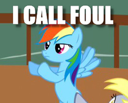 Size: 400x321 | Tagged: safe, edit, edited screencap, screencap, derpy hooves, rainbow dash, g4, the last roundup, caption, cropped, image macro, referee, solo focus, text