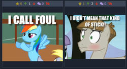 Size: 505x274 | Tagged: safe, derpy hooves, maud pie, rainbow dash, derpibooru, g4, the maud couple, bedroom eyes, blushing, caption, image macro, juxtaposition, juxtaposition win, meme, meta, text