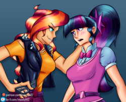 Size: 1551x1258 | Tagged: safe, artist:mandy1412, sci-twi, sunset shimmer, twilight sparkle, human, equestria girls, g4, accessory theft, blushing, duo, female, human coloration, lesbian, looking at each other, open mouth, ship:sci-twishimmer, ship:sunsetsparkle, shipping, smiling, smirk
