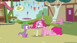 Size: 1280x720 | Tagged: safe, screencap, pinkie pie, spike, dragon, earth pony, pony, g4, too many pinkie pies, baby, baby dragon, claws, crouching, depressed, duo, female, floppy ears, head down, head on table, male, mare, ponyville, sad, sign, table
