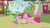 Size: 1280x720 | Tagged: safe, screencap, pinkie pie, spike, dragon, earth pony, pony, g4, my little pony: friendship is magic, too many pinkie pies, baby, baby dragon, claws, crouching, depressed, duo, duo male and female, female, floppy ears, head down, head on table, male, mare, mushroom table, ponyville, sad, sign, table