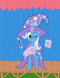 Size: 786x1017 | Tagged: safe, artist:northennorbert, trixie, pony, unicorn, g4, female, magic wand, one eye closed, playing card, smiling, solo, stage, wink