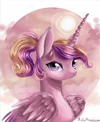 Size: 1478x1811 | Tagged: safe, artist:mrrowerscream, princess cadance, alicorn, pony, g4, female, looking at you, mare, ponytail, smiling, solo, sun, teen princess cadance, younger