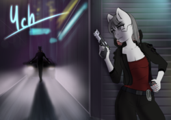 Size: 1440x1008 | Tagged: safe, artist:mintjuice, cyborg, anthro, advertisement, car, city, clothes, commission, cyberpunk, female, mare, night, street, weapon, your character here