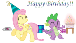 Size: 1183x675 | Tagged: safe, artist:majkashinoda626, fluttershy, spike, dragon, pegasus, pony, g4, birthday, female, happy birthday, male, mare, present, show accurate, simple background, spike's birthday, transparent background, vector