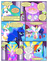 Size: 612x792 | Tagged: safe, artist:newbiespud, edit, edited screencap, screencap, discord, princess celestia, princess luna, rainbow dash, alicorn, draconequus, pegasus, pony, comic:friendship is dragons, g4, princess twilight sparkle (episode), the return of harmony, big crown thingy, comic, dialogue, elements of harmony, ethereal mane, female, flower, frown, glare, glowing horn, grin, hoof shoes, horn, injured, jewelry, looking up, magic, mare, marionette, peytral, regalia, screencap comic, smiling, spread wings, stained glass, starry mane, telekinesis, wings