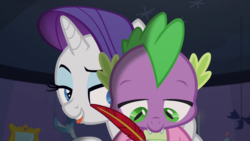 Size: 1280x720 | Tagged: safe, screencap, rarity, spike, dragon, pony, unicorn, dragon dropped, g4, baby, baby dragon, biting, duo, eyeshadow, fangs, female, lidded eyes, looking down, makeup, male, mare, out of context, quill pen, raised eyebrow, slit pupils, tongue bite, tongue out, writing