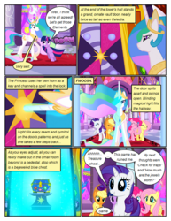 Size: 612x792 | Tagged: safe, artist:newbiespud, edit, edited screencap, screencap, applejack, fluttershy, pinkie pie, princess celestia, rarity, twilight sparkle, alicorn, earth pony, pegasus, pony, unicorn, comic:friendship is dragons, g4, the return of harmony, big crown thingy, box, chest, comic, dialogue, ethereal mane, female, freckles, frown, glowing horn, grin, hat, hoof shoes, horn, jewelry, looking up, mare, onomatopoeia, peytral, raised hoof, regalia, screencap comic, smiling, unicorn twilight