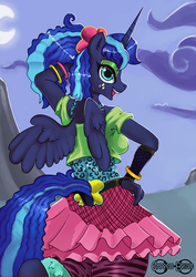 Size: 707x1000 | Tagged: safe, artist:empressbridle, princess luna, alicorn, anthro, between dark and dawn, g4, 80s princess luna, alternate hairstyle, belt, bracelet, clothes, eyeshadow, female, hand on hip, jewelry, leg warmers, leggings, lidded eyes, looking at you, looking back, looking back at you, makeup, mare, miniskirt, open mouth, ponytail, pose, skirt, solo, spread wings, stupid sexy princess luna, wings