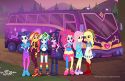 Size: 5100x3300 | Tagged: safe, applejack, fluttershy, pinkie pie, rainbow dash, rarity, sci-twi, sunset shimmer, twilight sparkle, equestria girls, equestria girls series, g4, official, sunset's backstage pass!, spoiler:eqg series (season 2), bus, female, geode of fauna, geode of sugar bombs, geode of super strength, geode of telekinesis, humane five, humane seven, humane six, magical geodes, promo, shoes, sneakers