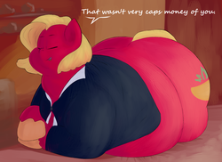 Size: 2750x2000 | Tagged: safe, artist:lupin quill, oc, oc only, oc:raspberry tart, pony, fallout equestria, belly, big belly, butt, cash money, chubby cheeks, clothes, dialogue, double chin, eyes closed, fat, female, high res, large butt, mare, morbidly obese, obese, open mouth, plot, shirt, solo, suit, talking to viewer, tight clothing, unshorn fetlocks