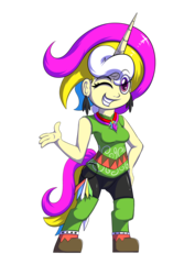 Size: 4677x6614 | Tagged: safe, artist:calena, derpibooru exclusive, oc, oc only, oc:trinity deblanc, human, semi-anthro, absurd resolution, boots, clothes, crystal, ear piercing, earring, horn, humanized, humanized oc, jewelry, keychain, multicolored hair, one eye closed, piercing, shoes, simple background, solo, standing up, transparent background, wink