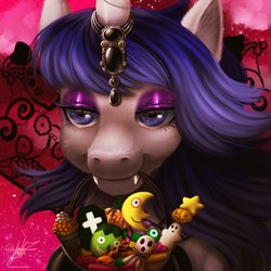 Size: 1000x1000 | Tagged: safe, artist:yuikz, oc, oc only, oc:night light (male), pony, unicorn, bedroom eyes, crescent moon, eyeshadow, fangs, horn, horn jewelry, jewelry, makeup, moon, mouth hold, rule 63, solo, unicorn oc