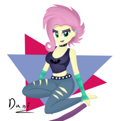 Size: 3000x3000 | Tagged: safe, artist:danielitamlp, fluttershy, equestria girls, equestria girls series, g4, the road less scheduled, the road less scheduled: fluttershy, spoiler:eqg series (season 2), alternate hairstyle, arm bands, barefoot, belly button, belt, breasts, busty fluttershy, cleavage, clothes, collar, ear piercing, eyeliner, eyeshadow, feet, female, flutterpunk, high res, jeans, lipstick, makeup, midriff, pants, piercing, purple lipstick, ripped pants, simple background, smiling, staff, tank top, transparent background