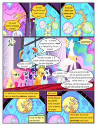 Size: 612x792 | Tagged: safe, artist:newbiespud, edit, edited screencap, screencap, applejack, discord, fluttershy, pinkie pie, princess celestia, rainbow dash, rarity, twilight sparkle, alicorn, draconequus, earth pony, pegasus, pony, unicorn, comic:friendship is dragons, g4, the return of harmony, big crown thingy, bored, comic, dialogue, ethereal mane, eyes closed, female, flying, freckles, frown, hat, jewelry, looking up, male, mane six, mare, peytral, regalia, screencap comic, stained glass, unamused, unicorn twilight