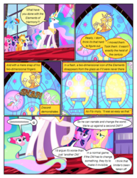 Size: 612x792 | Tagged: safe, artist:newbiespud, edit, edited screencap, screencap, applejack, discord, fluttershy, pinkie pie, princess celestia, rainbow dash, rarity, twilight sparkle, alicorn, draconequus, earth pony, pegasus, pony, unicorn, comic:friendship is dragons, g4, the return of harmony, big crown thingy, bored, comic, dialogue, elements of harmony, ethereal mane, finger snap, flying, freckles, frown, hat, hoof shoes, jewelry, looking up, male, mane six, onomatopoeia, peytral, pointy ponies, raised hoof, rearing, regalia, screencap comic, stained glass, unicorn twilight, worried