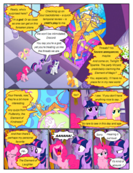 Size: 612x792 | Tagged: safe, artist:newbiespud, edit, edited screencap, screencap, applejack, discord, fluttershy, pinkie pie, rarity, twilight sparkle, draconequus, earth pony, pegasus, pony, unicorn, comic:friendship is dragons, g4, the return of harmony, comic, dialogue, female, frown, hand on hip, hat, laughing, male, mare, open mouth, raised hoof, screencap comic, stained glass, unamused, unicorn twilight