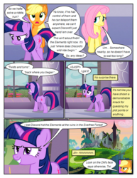 Size: 612x792 | Tagged: safe, artist:newbiespud, edit, edited screencap, screencap, applejack, fluttershy, twilight sparkle, earth pony, pegasus, pony, unicorn, comic:friendship is dragons, g4, the return of harmony, castle of the royal pony sisters, comic, dialogue, female, freckles, frown, grin, hat, looking up, mare, open mouth, screencap comic, smiling, unicorn twilight, worried