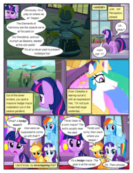 Size: 612x792 | Tagged: safe, artist:newbiespud, edit, edited screencap, screencap, applejack, princess celestia, rainbow dash, rarity, twilight sparkle, alicorn, earth pony, pegasus, pony, unicorn, comic:friendship is dragons, g4, the return of harmony, big crown thingy, castle of the royal pony sisters, comic, confused, dialogue, ethereal mane, female, flying, frown, hat, hedge maze, jewelry, mare, moss, peytral, regalia, screencap comic, unicorn twilight, worried