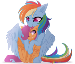 Size: 971x823 | Tagged: safe, artist:spectrasus, rainbow dash, scootaloo, pegasus, pony, g4, duo, female, filly, hug, mare, scootalove, simple background, sitting, transparent background, underhoof