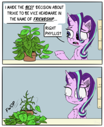 Size: 2000x2424 | Tagged: safe, artist:chopsticks, phyllis, starlight glimmer, pony, unicorn, a horse shoe-in, g4, cheek fluff, chest fluff, comic, desk, dialogue, ear fluff, female, funny, high res, hoof fluff, mare, meme origin, plant, right phyllis, starlight's office, text