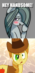 Size: 576x1215 | Tagged: safe, artist:invidlord, artist:riggyrag, edit, braeburn, marble pie, earth pony, pony, g4, bedroom eyes, blushing, braeble, caption, crack shipping, cute, faic, female, flirting, hair over one eye, hello, male, marblebetes, reaction, shipping, shocked, shy, speechless, straight, turned on
