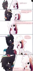 Size: 1024x2177 | Tagged: safe, artist:php146, oc, oc:ayaka, oc:masashi, earth pony, pony, comic:the perfect dinner, chest fluff, collar, ear fluff, female, hair over eyes, male, mare, multicolored hair, ponified, species swap, speech bubble, stallion, text