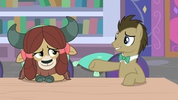 Size: 1920x1080 | Tagged: safe, screencap, doctor whooves, time turner, yona, earth pony, pony, yak, a horse shoe-in, g4, bow, bowtie, cloven hooves, duo, female, hair bow, male, monkey swings, stallion