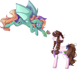 Size: 2098x1882 | Tagged: safe, artist:shiromidorii, oc, oc only, oc:quintessence, oc:steph scope, bat pony, pony, unicorn, female, flower, mare, simple background, transparent background