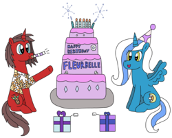 Size: 3046x2448 | Tagged: safe, artist:supahdonarudo, oc, oc only, oc:fleurbelle, oc:ironyoshi, alicorn, pony, unicorn, alicorn oc, birthday, birthday cake, cake, candle, clothes, duo, fireworks, food, hat, high res, noisemaker, present, shirt, simple background, text, transparent background