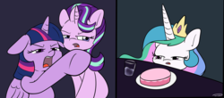 Size: 2440x1076 | Tagged: safe, artist:taurson, princess celestia, starlight glimmer, twilight sparkle, alicorn, pony, unicorn, g4, cake, confused, digital art, female, floppy ears, food, glass of water, jewelry, lidded eyes, mare, meme, open mouth, plate, pointing, ponified meme, raised hoof, regalia, twilight sparkle (alicorn), woman yelling at a cat