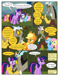 Size: 612x792 | Tagged: safe, artist:newbiespud, edit, edited screencap, screencap, applejack, discord, fluttershy, pinkie pie, rainbow dash, rarity, twilight sparkle, draconequus, earth pony, pegasus, pony, unicorn, comic:friendship is dragons, g4, the return of harmony, angry, comic, dialogue, earth pony twilight, female, freckles, frown, hat, hedge maze, male, mane six, mare, scared, screencap comic, unamused, wingless