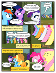 Size: 612x792 | Tagged: safe, artist:newbiespud, edit, edited screencap, screencap, applejack, fluttershy, pinkie pie, rainbow dash, rarity, twilight sparkle, earth pony, pegasus, pony, unicorn, comic:friendship is dragons, g4, my little pony: friendship is magic, the return of harmony, comic, dialogue, eyes closed, female, freckles, hat, hedge maze, implied discord, mane six, mare, onomatopoeia, open mouth, screencap comic, surprised, trap (device), wide eyes