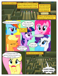 Size: 612x792 | Tagged: safe, artist:newbiespud, edit, edited screencap, screencap, applejack, fluttershy, pinkie pie, rainbow dash, rarity, twilight sparkle, earth pony, pegasus, pony, unicorn, comic:friendship is dragons, g4, the return of harmony, cheek squish, comic, dialogue, earth pony twilight, eyes closed, female, freckles, frown, happy, hat, hedge maze, implied discord, mane six, mare, open mouth, running, scared, screencap comic, smiling, squishy cheeks, wingless