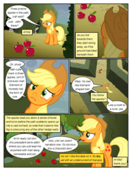 Size: 612x792 | Tagged: safe, artist:newbiespud, edit, edited screencap, screencap, applejack, earth pony, pony, comic:friendship is dragons, g4, the return of harmony, apple, comic, dialogue, female, food, freckles, frown, hat, hedge maze, implied discord, mare, screencap comic, tree, worried